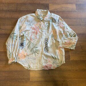 Koret Jacket Women's L Green Floral Linen‎ Long Sleeve Collared Button Front